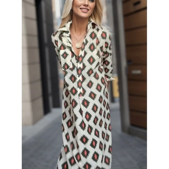 Zara Dresses & Skirts - Zara Shirt Dress Size S Cream Green Orange Ikat Geometric Midi Boho Long Slv